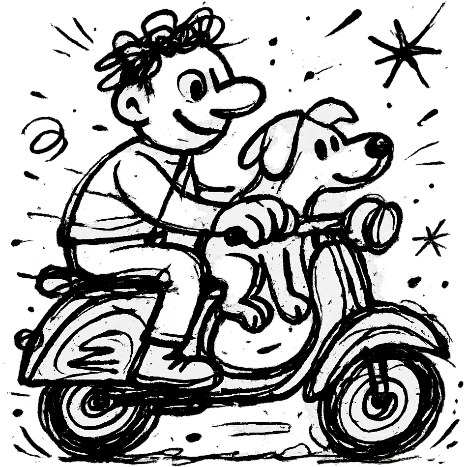 man and his pet dog riding a vespa emoji