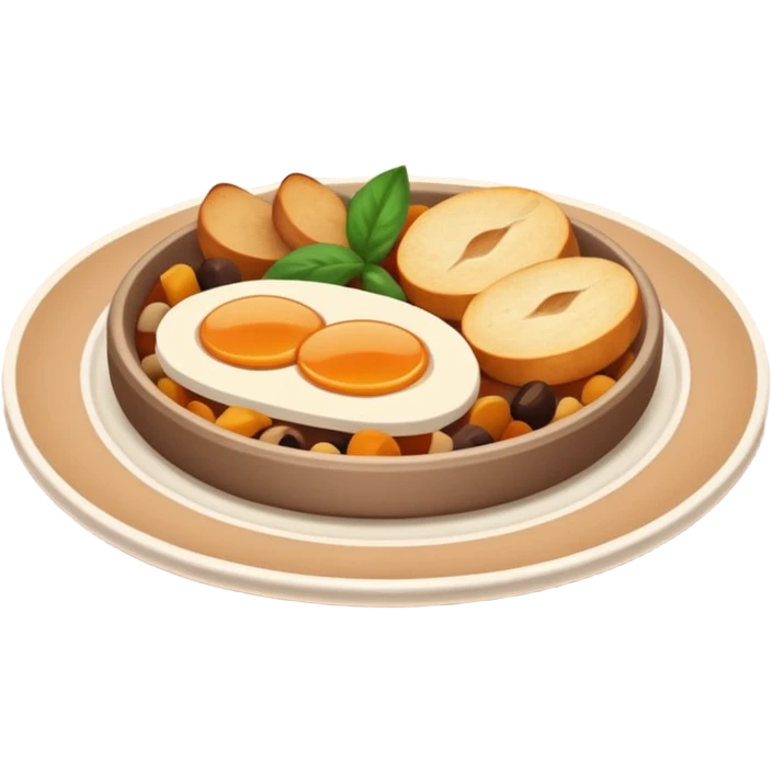 Homemade dishes on a plate, warm cozy colors, simple shapes, flat design, high contrast, friendly and inviting. emoji