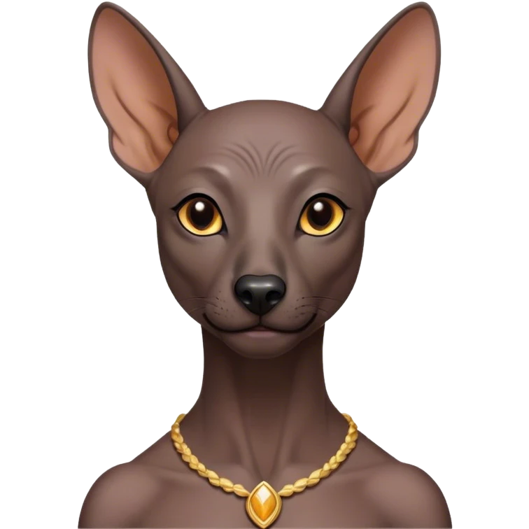 Cinematic Noble Xoloitzcuintle Portrait Emoji, Poised and regal, with a sleek, muscular build and smooth, hairless ebony skin accented by subtle wrinkles, deep-set soulful dark eyes, Simplified yet sharp and sophisticated features, highly detailed, glowing with a soft, dignified glow, high shine, intelligent and loyal, stylized with an air of ancient grace, focused and attentive, soft glowing outline, capturing the essence of a watchful and confident guardian, so majestic it feels as though it could stride out of the screen with effortless authority! emoji