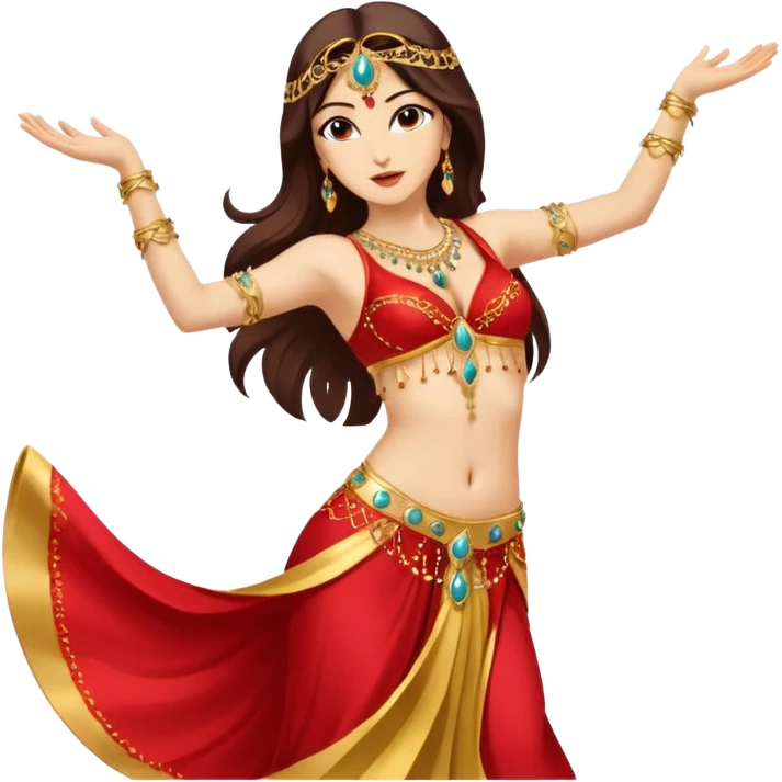 Elegant belly dancer emoji, mid-movement, wearing red and gold costume, one arm raised, flowing hair, minimal vector style, expressive and clear, transparent background. emoji