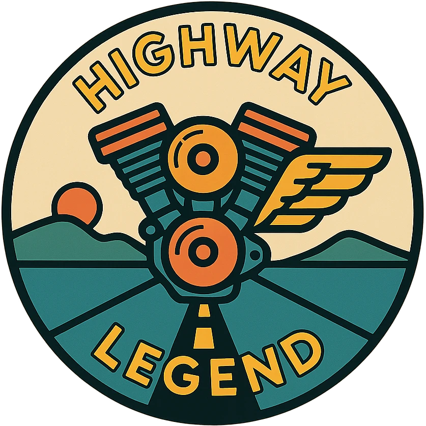 circular motorcycle cap design with the English phrase 'Highway Legend', featuring motorcycle motifs like motor, road, wing, legendary style emoji