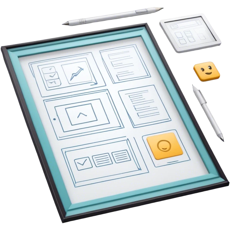 Create an emoji for UX/UI design. Show wireframe sketches or design mockups with interface elements like buttons, sliders, and icons, symbolizing the design process. Use modern, professional colors. Do not include any emojis or smiley faces. Make the background transparent. emoji