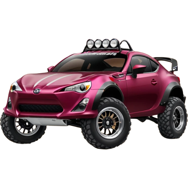 Extended wheelbase 2013 scion fr-s black cherry off road 4wd monster Baja dessert stadium racer number 86 with long travel suspension, shiny silver wheels, exaggerated black fender flares  emoji