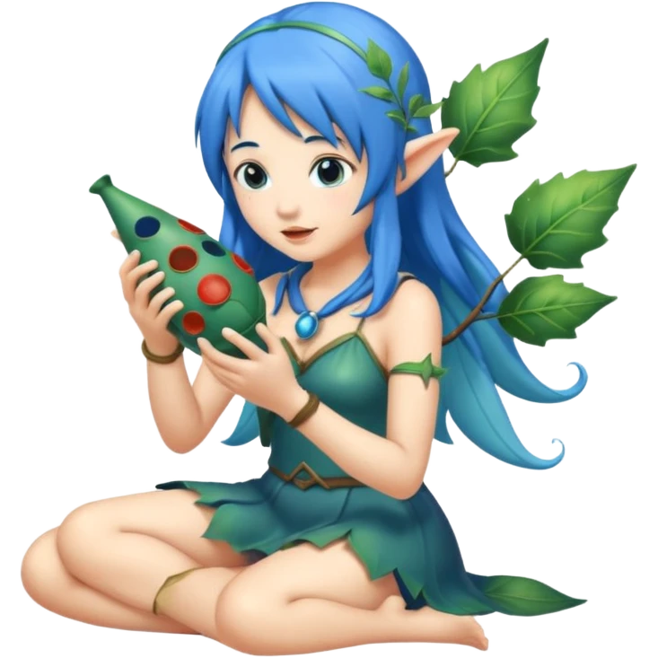 forest fairy woman with blue hair playing leaf-shaped ocarina emoji