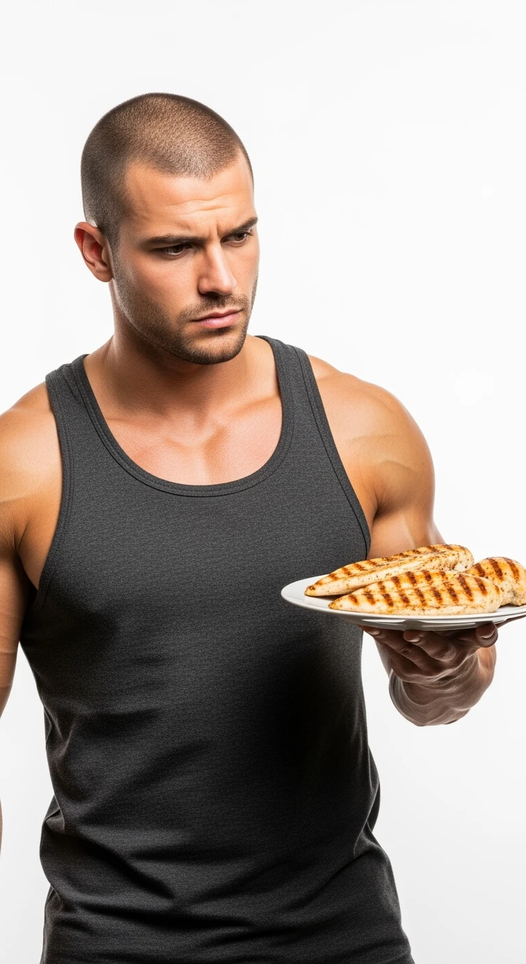 uomo fitness CHE TIENE UN PIATTO DI PETTO DI POLLO GRIGLIATO IN MANO E LO GUARDA DUBBIOSO, ISOLATO SU SFONDO BIANCO emoji