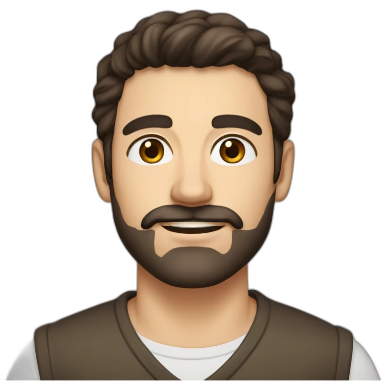 A young Caucasian man with dark brown eyes, almond-shaped eyes, short dark brown hair, and a small dark brown beard with a more prominent mustache. emoji