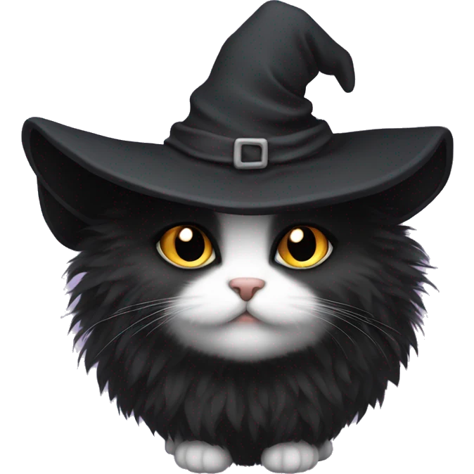 Black fluffy cute kitten with witch hat  emoji