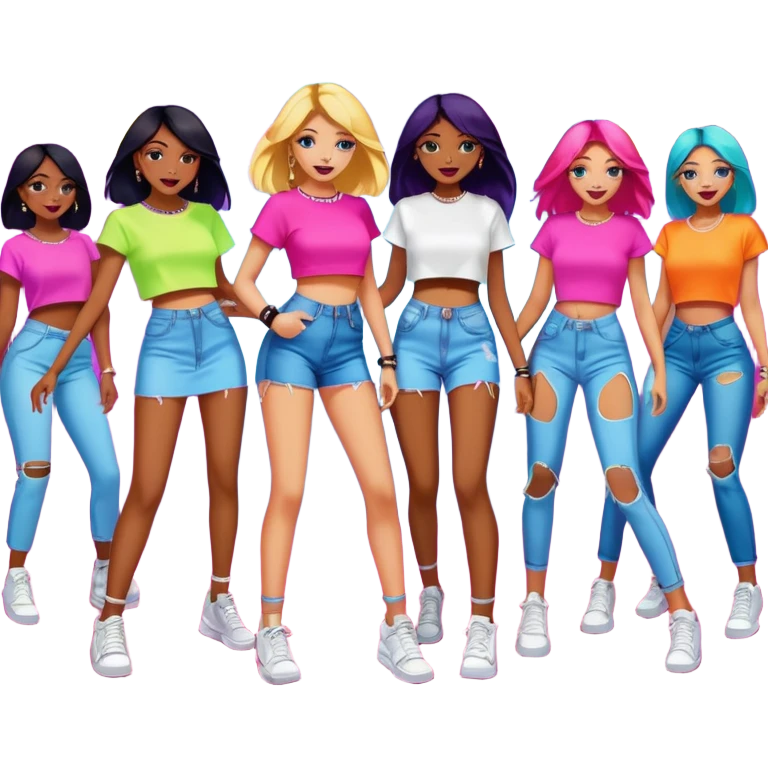 Cute emoji-style illustration of a group of people dancing at a nightclub, wearing trendy modern clothes like crop tops, ripped jeans, sneakers, bodycon dresses, and oversized shirts. Bright neon lights and a fun party vibe. Simple, colorful, expressive style that looks good at small emoji size. emoji