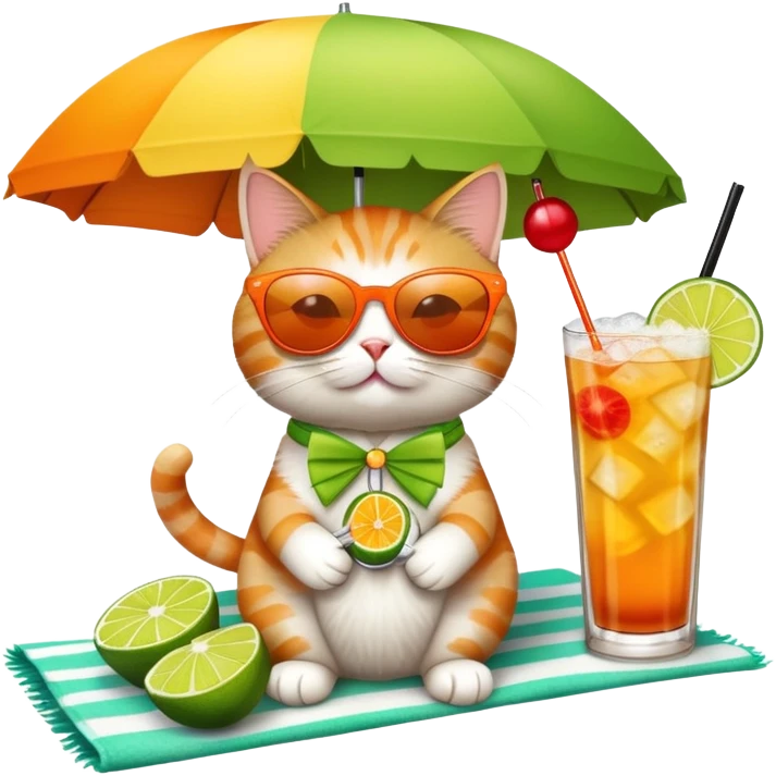 Cute cat on beach towel with a tropical mai tai drink and sunglasses emoji