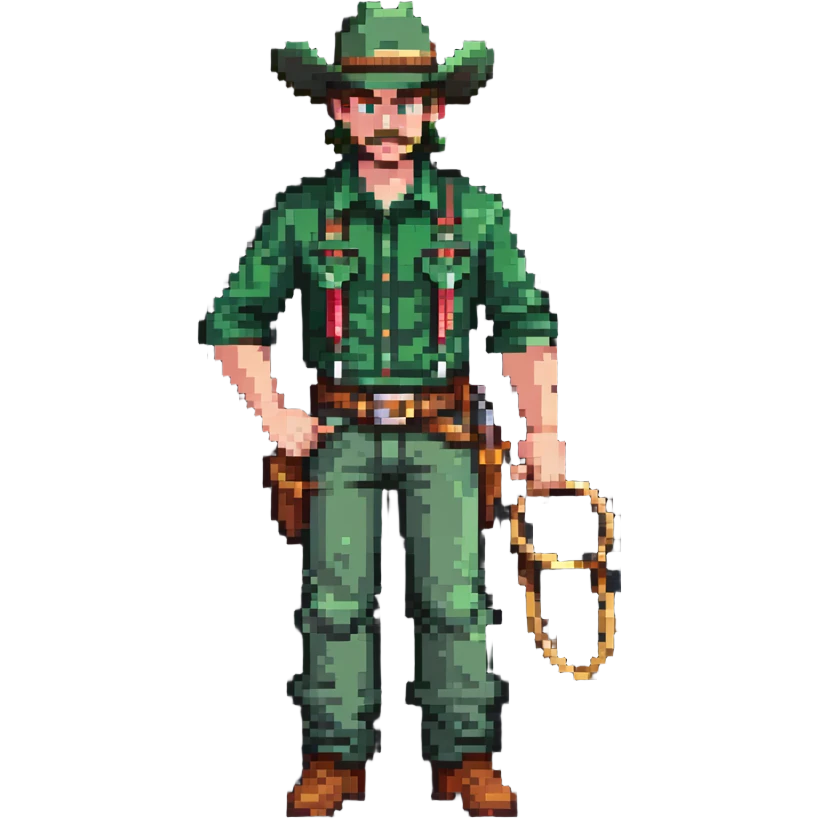 Cowboy character with green shirt, pants, and hat, holding a lasso emoji
