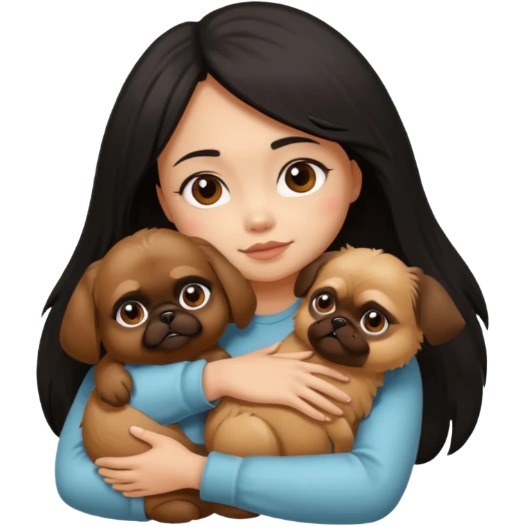 black hair girl hugging brown pekingese dog that looks a little bit like brown gremlin emoji