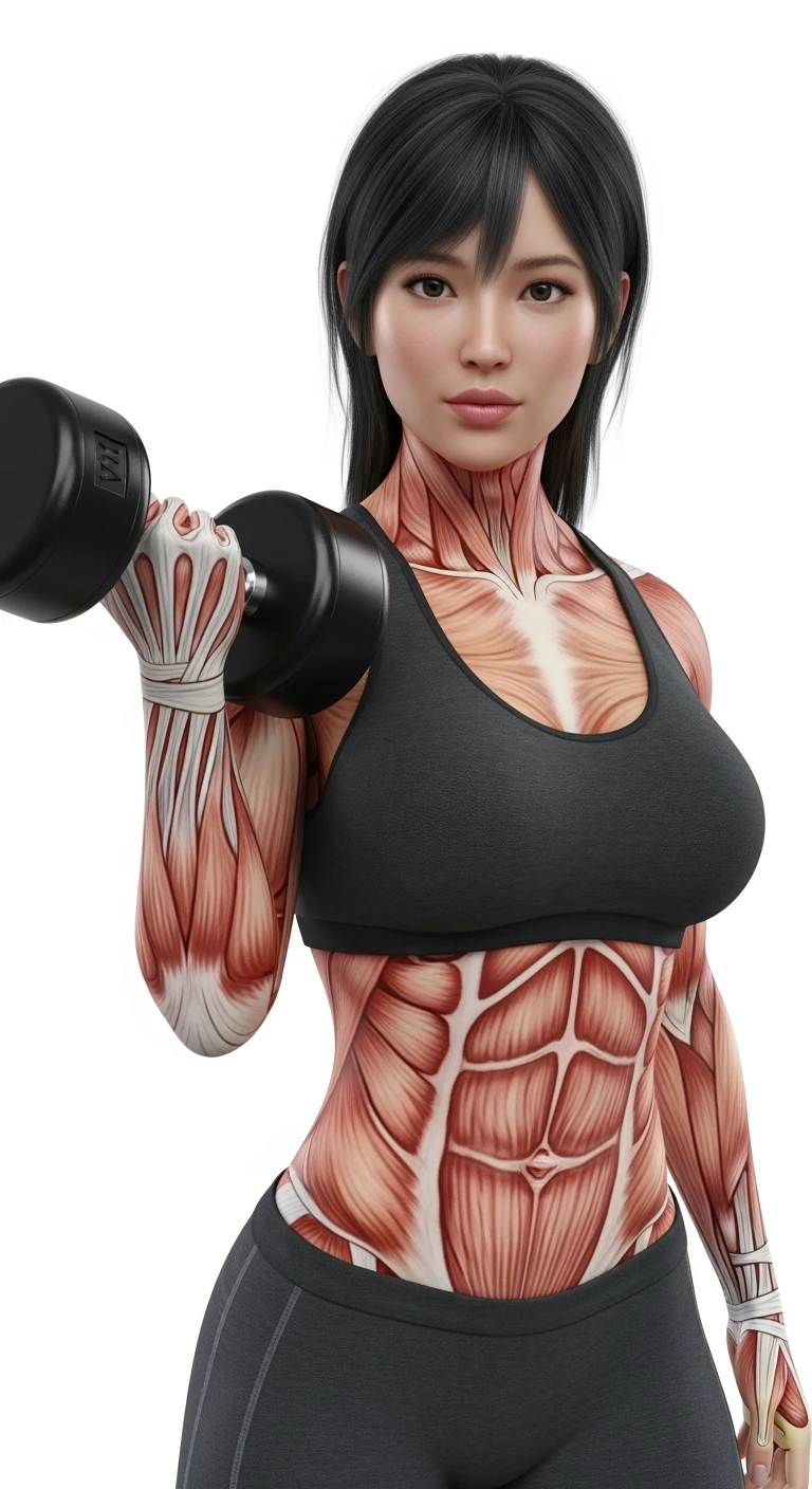 donna fitness realistica con instetino anatomico realistico in evidenza mentre tiene un manubrio da palestra in mano, isolata su sfondo bianco, IPERREALISTICA 4K emoji