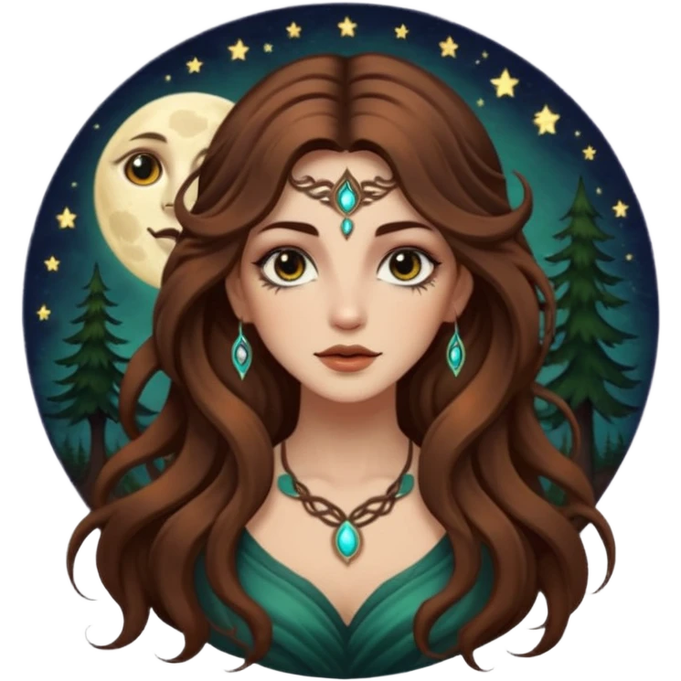 forest mystic woman long wavy brown hair tattoos half-lidded eyes moon glow emoji