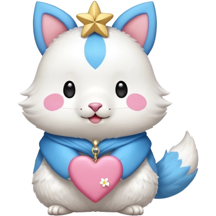 GENERATE ME A MOMONGA WHITE ANIMAL  FROM CHIIKAWA AND PUT A SAKURA FLOWER ON HIS HEAD AND A STAR PELT ON HIS BELLY AND A HEART PURSE ON HIS ARM WITH HIS FACE MAKE HIS TOUNGE STICK OUT WITH A LITTLEPINCH OFDROOL AND MAKE HIM ANIME STYLED ART GIVE HIM A BIG BLUE FLUFFY TAIL emoji