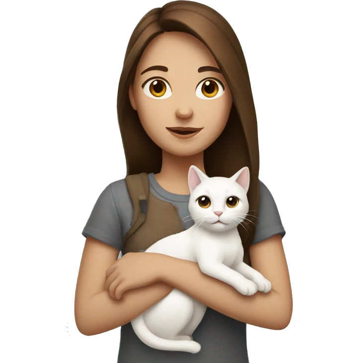 A girl with brown hair holding her white cat emoji