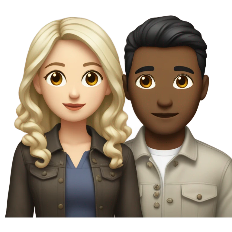 A pale half Asian man with short dark hair and amber eyes embracing and loving a white woman with long wavy brunette hair and dark hazel eyes. They love each other a lot And have good fashion taste and are hugging each other tight  emoji