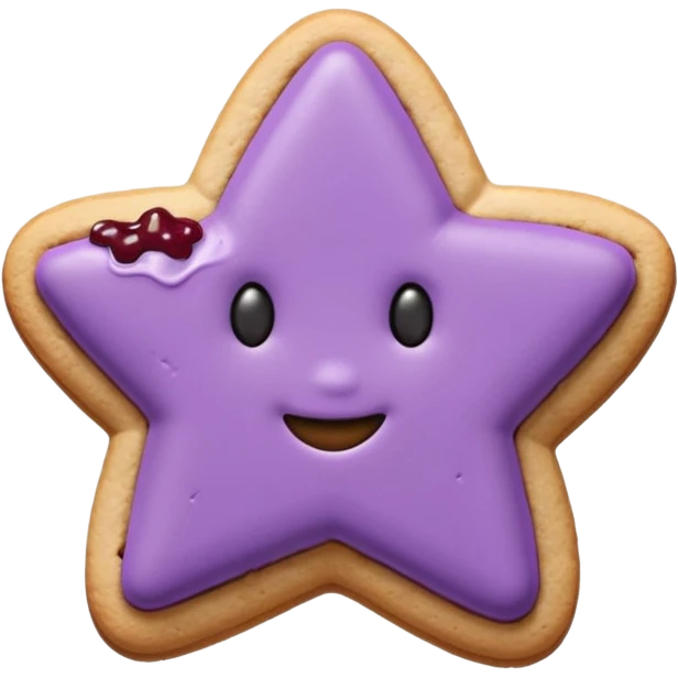 Ultra-realistic pastel purple cookie with a soft, crumbly texture, fine surface cracks, matte baked finish, star-shaped jam cutout revealing glossy dark berry filling emoji