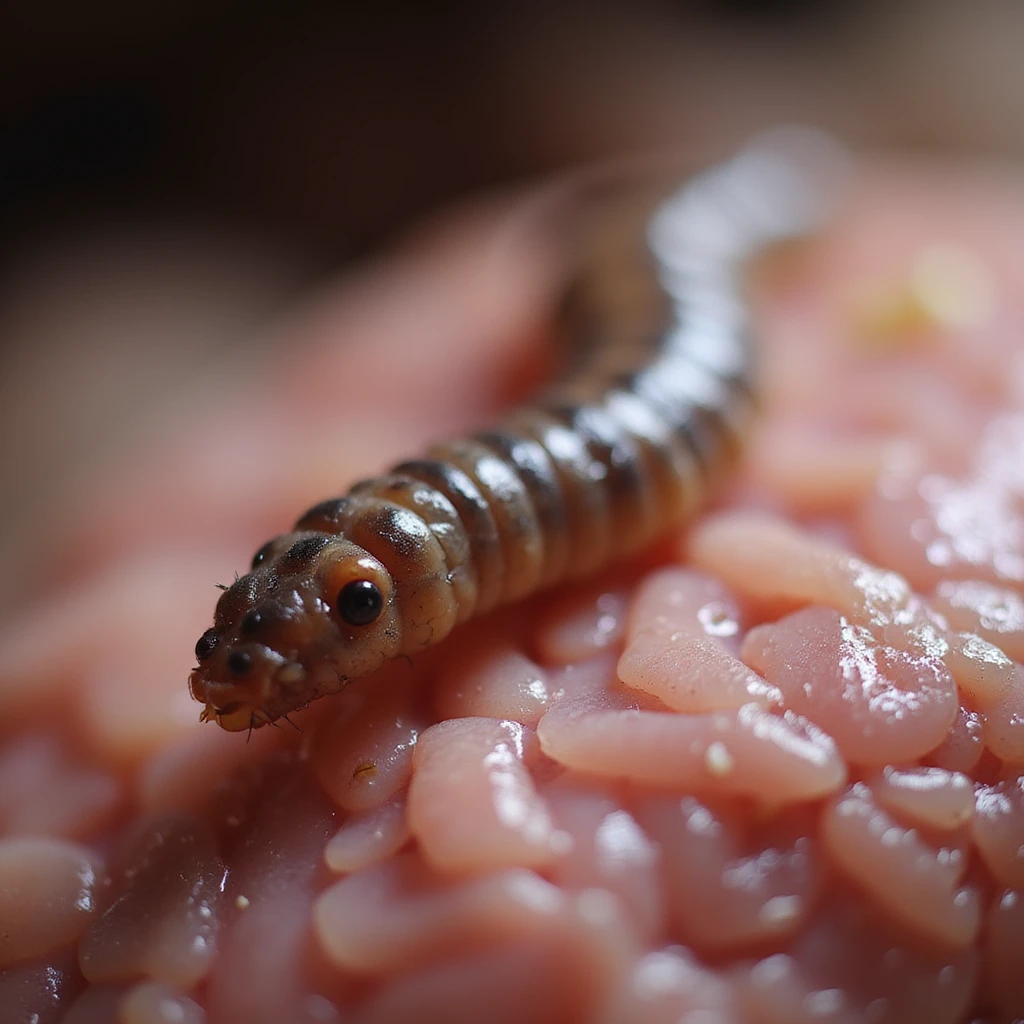 detailed macro of an intestinal parasite worm on pig intestinal tissue, realistic textures and colors, blurred background, 4K quality emoji