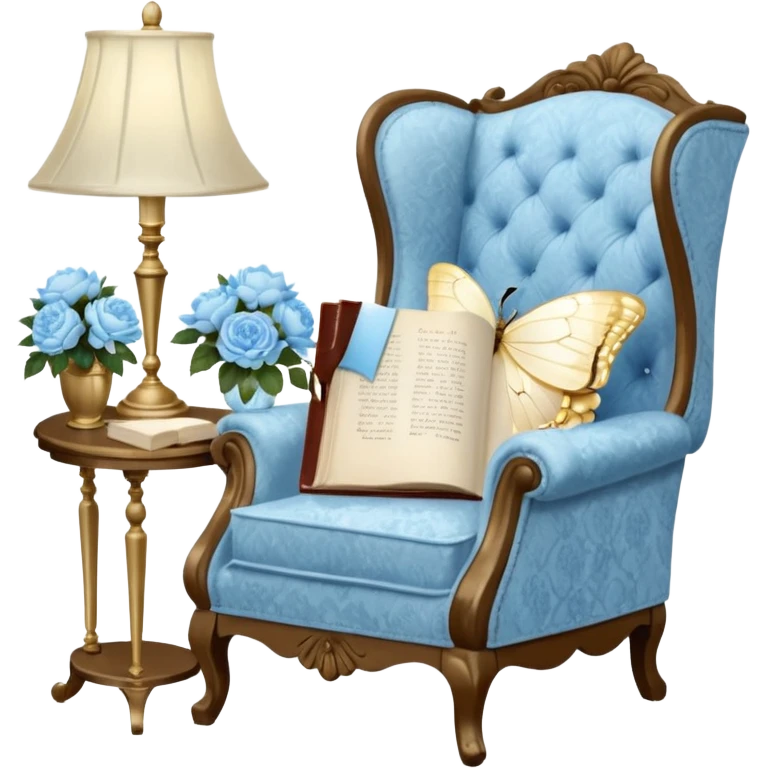 A cozy vintage-inspired reading nook, with an overstuffed ivory armchair, a golden reading lamp, and a bouquet of soft blue roses, white peonies, and dahlias resting on a small lace-covered side table, as a pearl butterfly gently rests on the open book.  emoji
