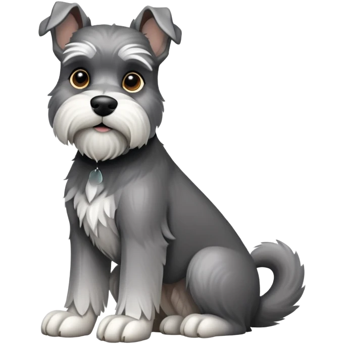 cinematic-[schnauzer]-realistic-full-body-sitting-emoji,-tail-resting-loosely-beside-its-paws,white eyes-head-tilted-dramatically, -sleek-[grey]-fur,-simplified-yet-realistic-focused-features,-highly-detailed,-glowing-with-an-almost-sarcastic-glow emoji