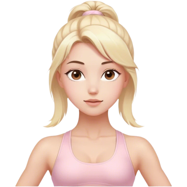 Aesthetic blonde model with brown eyes, light pink yoga outfit emoji