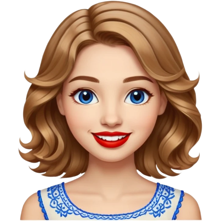 Cheerful woman with clear skin, round face, wide friendly smile, big light brown eyes, vibrant red lipstick, shoulder-length wavy dark blonde hair with light highlights, white top with blue embroidery and electric blue neckline emoji