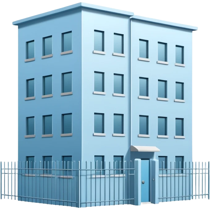 light blue rectangular 9-story apartment building surrounded by fence, closed courtyard, minimal flat vector icon, friendly clean design emoji
