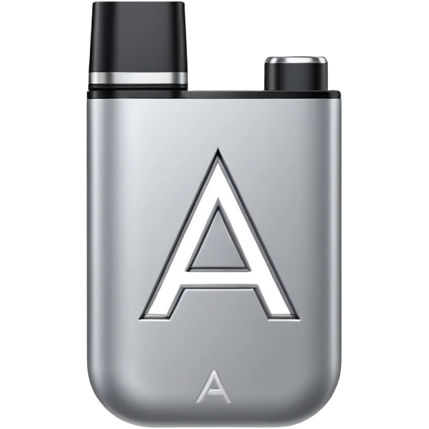 Minimalist vector letter A logo, designed as a sleek vape pod system. Metallic, geometric, clean lines. Transparent background. emoji