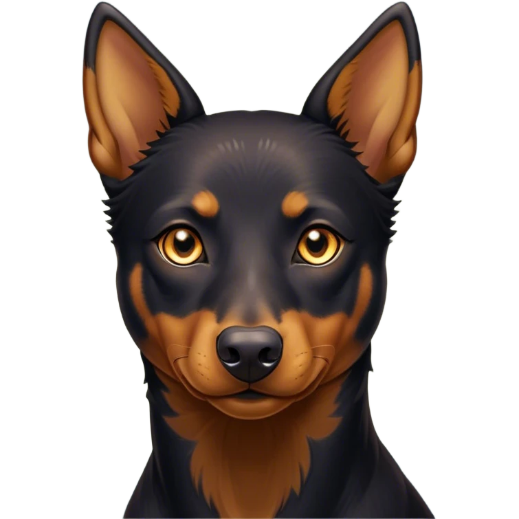 Cinematic Noble Black and Tan Kelpie Portrait Emoji, Poised and regal, with a strong, agile build and a glossy, well-groomed Fur of deep black and tan accents, piercing dark eyes, Simplified yet sharp and sophisticated features, highly detailed, glowing with a soft, dignified glow, high shine, intelligent and energetic, stylized with an air of determination, focused and attentive, soft glowing outline, capturing the essence of a watchful and confident herder, so majestic it feels as though it could bound out of the screen with effortless authority! emoji