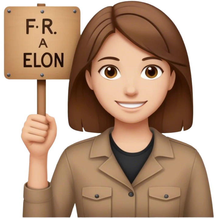 smiling girl with brown hair with a protest sign F-Elon emoji