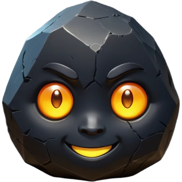 Single black obsidian rock character, thick and heavy with sharp facets and subtle reflections, carved cute face with glowing round eyes and a small smile, 3D render, high detail, soft backlighting, isolated on a plain dark background. emoji