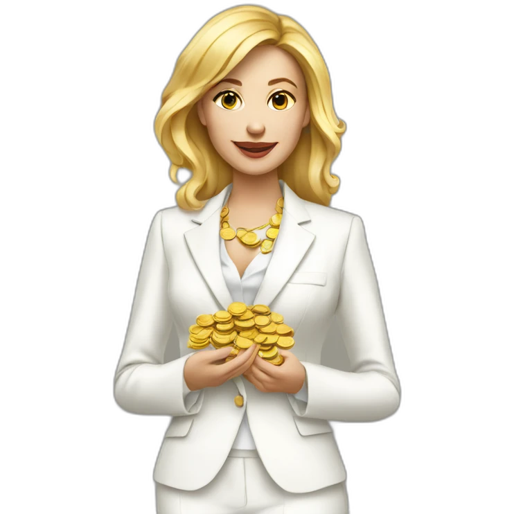 Posh-woman-with-white-suit-holding-golden-coins emoji