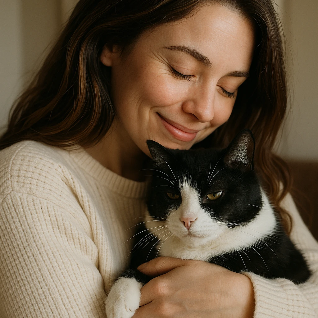 a woman in a cream sweater, long brown highlighted hair, embracing a black and white cat, soft and heartwarming emoji