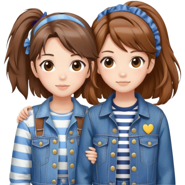 Two anime best friend girls with brown hair, one in striped shirt and denim jacket, one in denim overalls with hair clip emoji