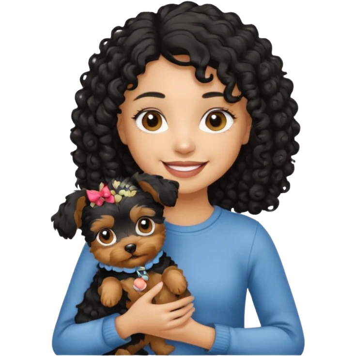 Light skin girl with curly black hair holding a yorkie dog  emoji