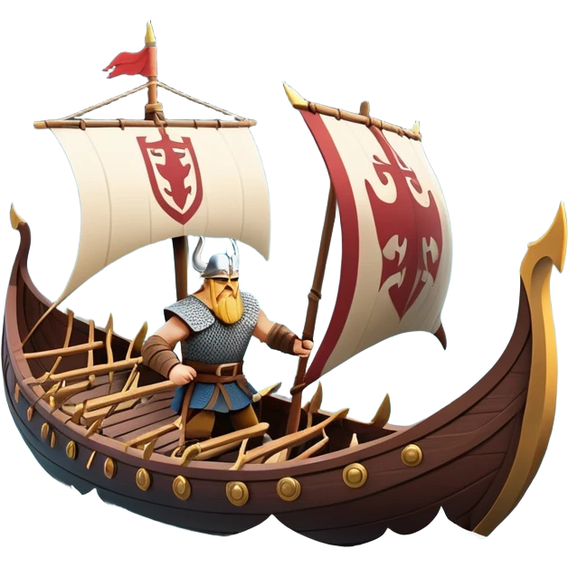 clash-of-clans-aesthetic_-cinematic-viking-longboat, rendered in a flat, bold vector style with minimal shading, featuring a striking dragon-headed prow slicing through waters. shields on the side and vikings rowing The longboat’s, the boat has carved motifs evoke a sense of epic adventure and Nordic might, with billowing sails catching a dramatic, stormy sky backdrop. emoji