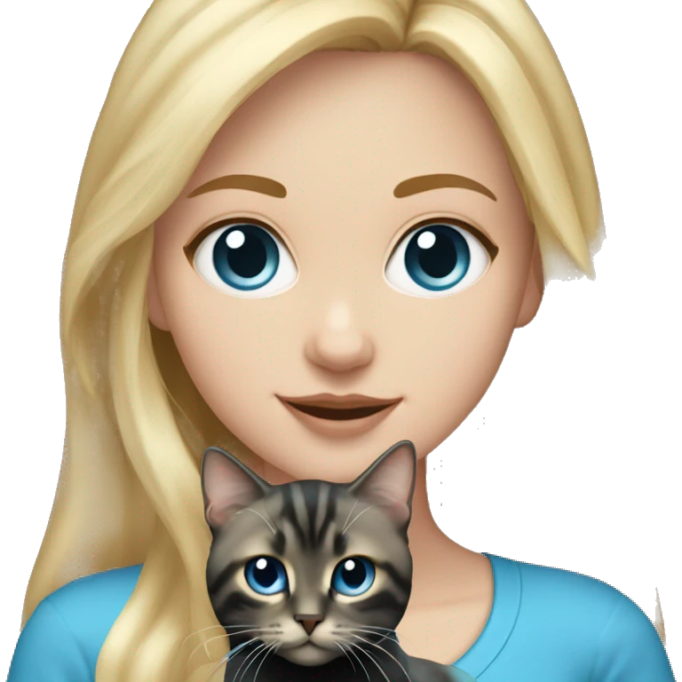 White girl, long blonde hair, blue eyes holding a black tabby cat emoji