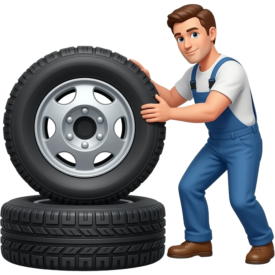 a man lifting a heavy truck tire off the ground tire flat on the floor emoji