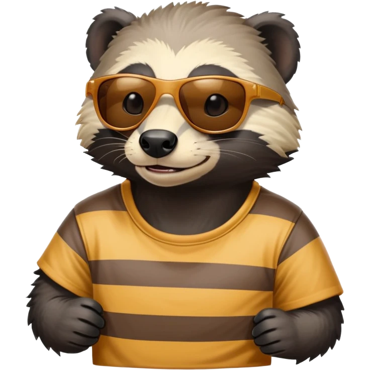 friendly anthropomorphised honey badger, close crop showing head, neck, and top of t-shirt with a striped design, wearing sunglasses emoji