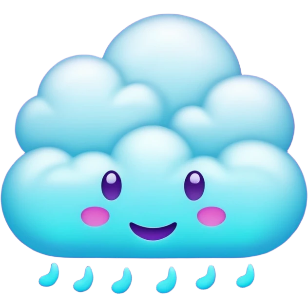 Small cloud with multiple emoji-style expressions (happy, sleepy, mischievous), glowing purple/cyan neon, playful aesthetic. emoji