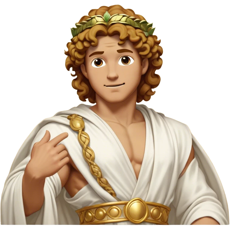 Cinematic Realistic Hercules Portrait, head tilted dramatically with an exaggeratedly amused expression, blending the fierce valor of the Hercules with the classic elegance of Michelangelo's David. His light tan skin and thick, curly, golden brown hair, rendered with meticulous classical detail, frame a face of heroic determination and playful charm. Clad in a gracefully draped white robe adorned with subtle golden embellishments and accented by a distinguished Greek laurel wreath, dynamic lighting accentuates both his formidable physical power and his approachable, spirited demeanor. emoji