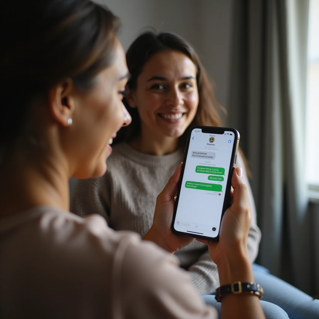 woman with PCOS showing a message on her phone saying 'Ciclo arrivato!' to a loved one, both smiling, home environment, vertical 9:16, hyperrealistic 4K details emoji