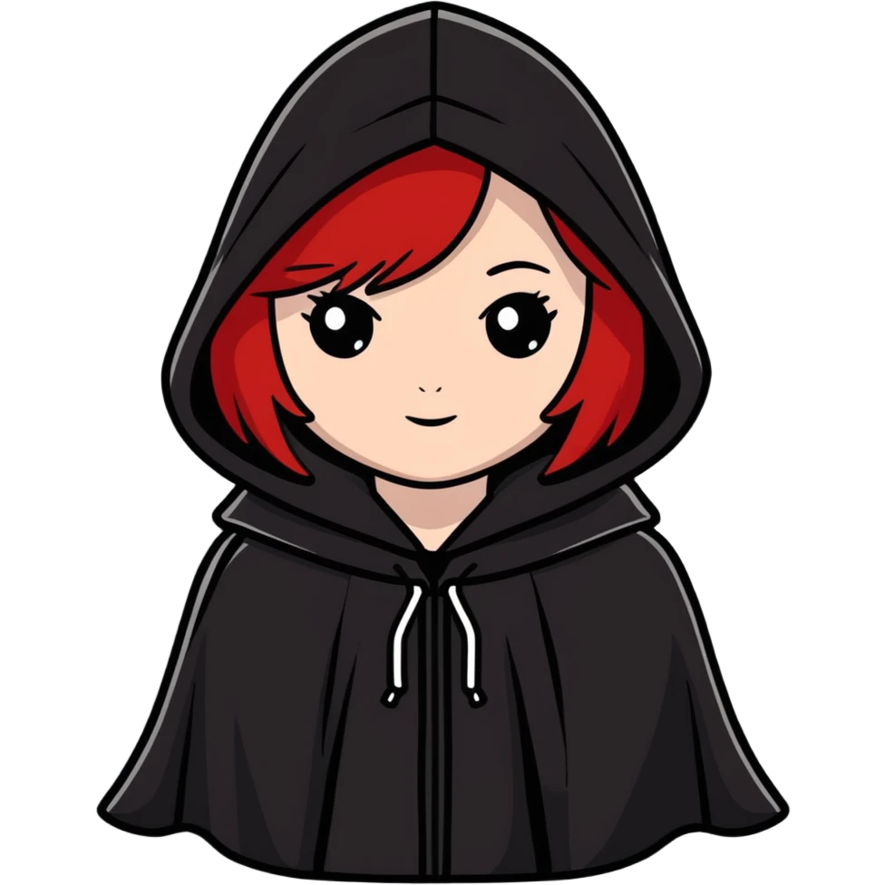 white-skinned girl with red hair wearing a black cloak with a hood emoji