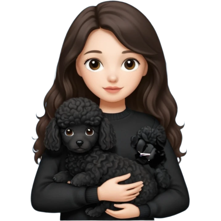One Brunette girl with long hair in a black sweater holds a single black Poodle puppy in her arms emoji