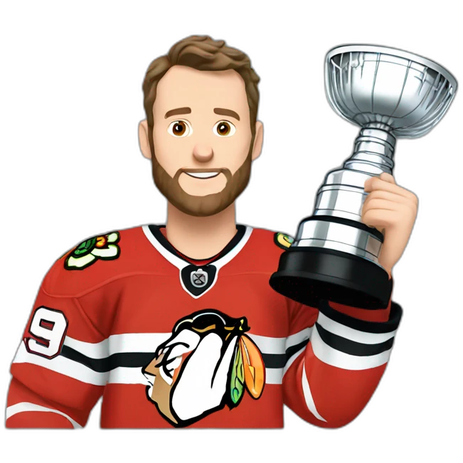 Jonathan Toews holding the Stanley Cup with beard emoji