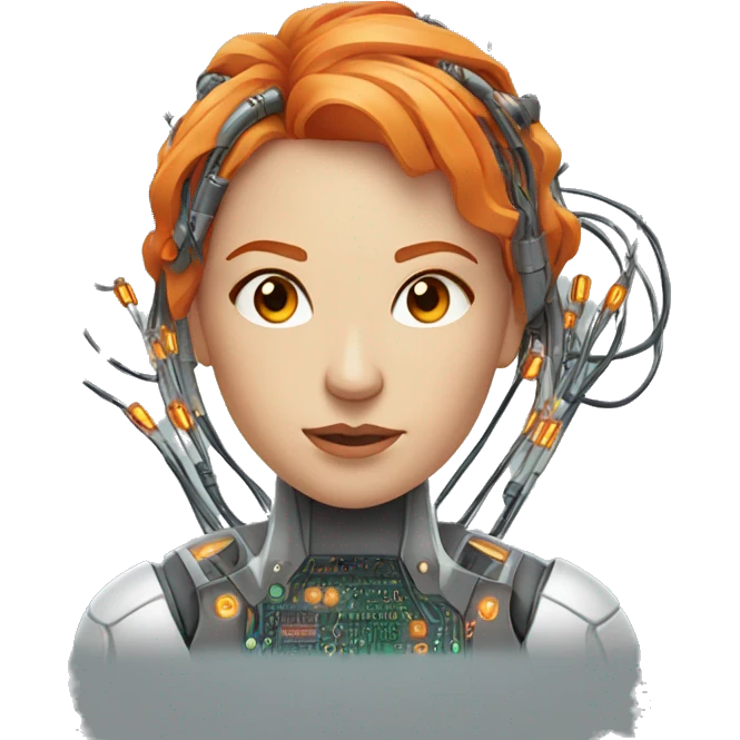 Head of female cyborg with orange hair and circuits wires emoji
