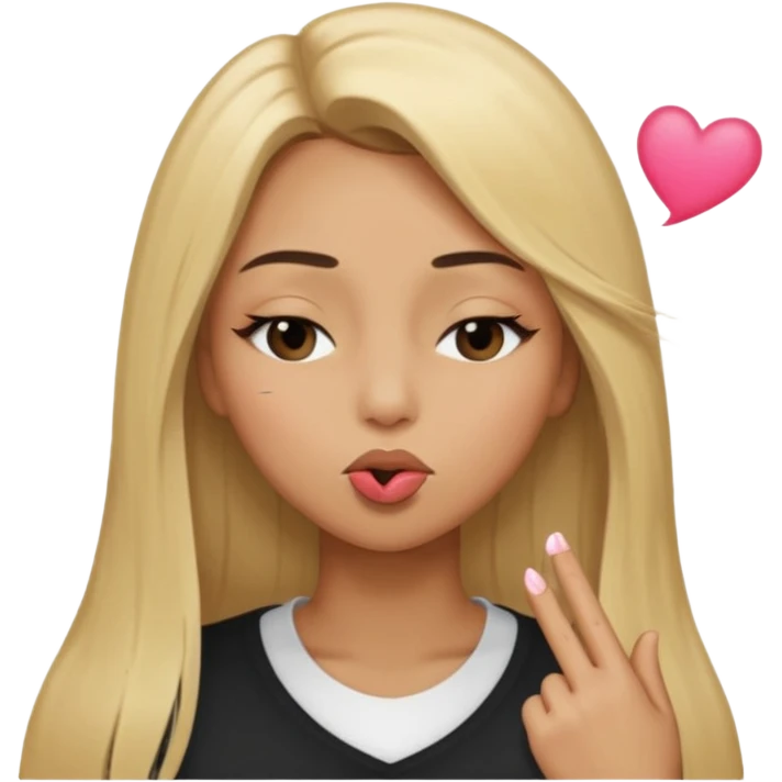 Mujer color de piel moreno claro, con cabello rubio largo, lacio y suelto, ojos negros, un ojo cerrado, mandando un beso de lado  emoji