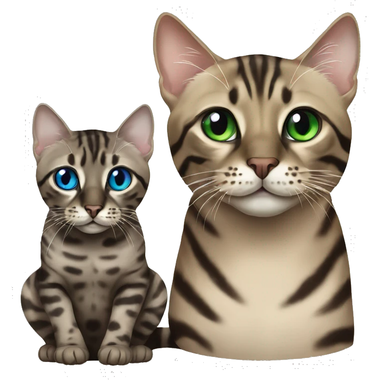 Seal Bengal CAT with Blue eyes with a charcoal Sepia bengal cat with Green eyes sitting  emoji