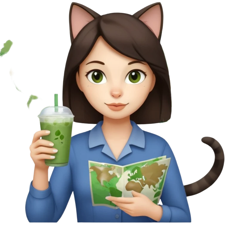 a brunette woman in here 30S drinking an iced matcha, carrying a grey cat and a map of the world emoji