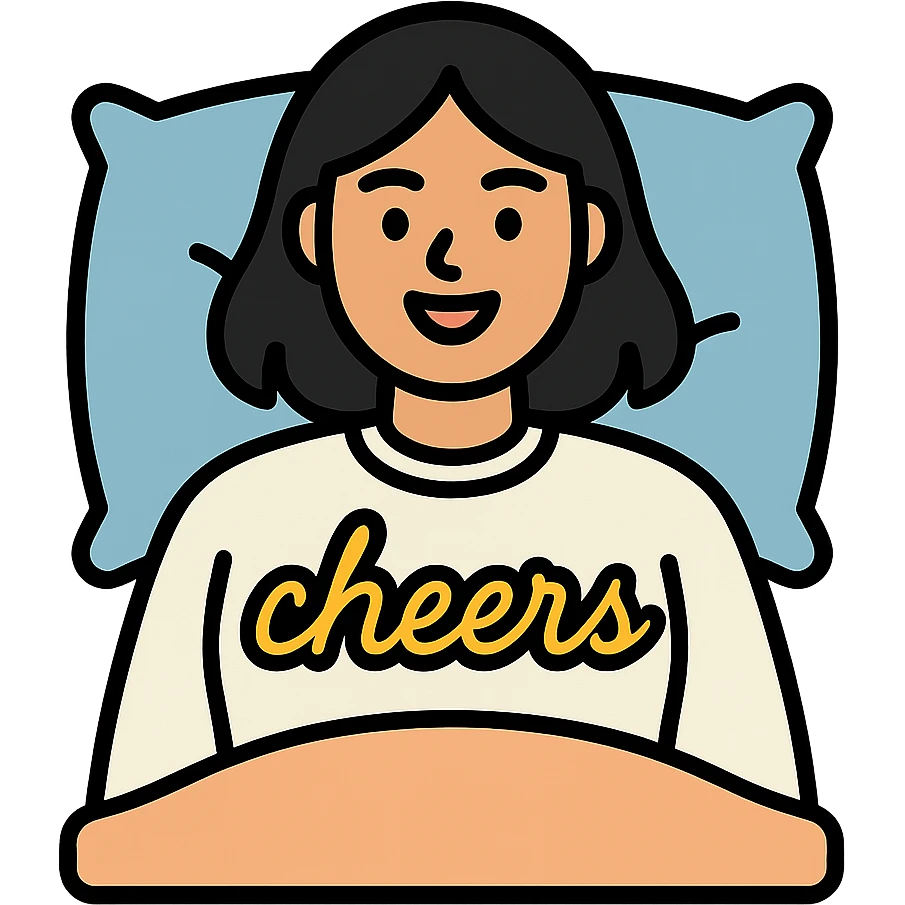 A woman with shoulder-length black hair, light to medium skin tone, full cheeks, and almond-shaped eyes, wearing a white sweater with the word 'cheers' in gold script, lying comfortably on a bed with soft lighting, joyful and radiant expression emoji